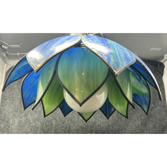 Vintage 1970s Stained Glass Chandelier Two Tier Slag Glass Hanging Lotus Flower - Picture 2 of 16